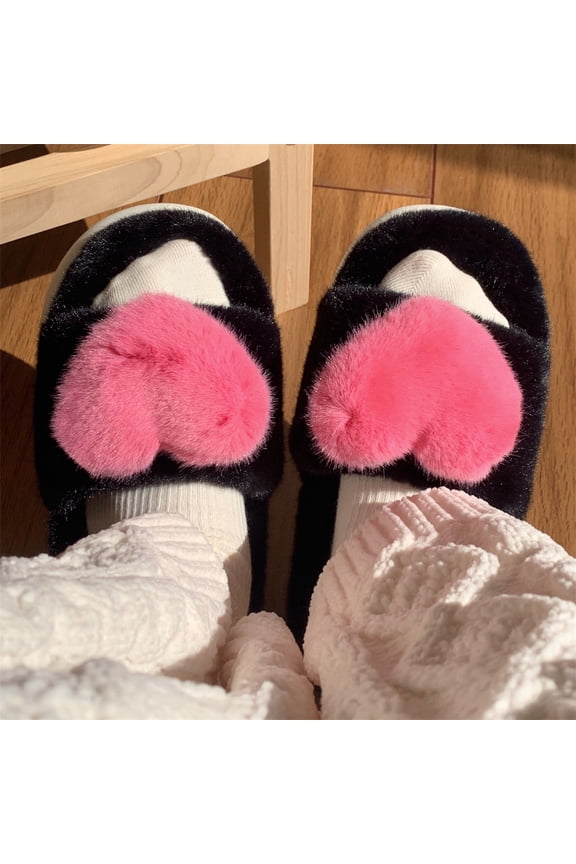 Women's Cute 3D Heart Plush Slippers - Fashion Winter Warm Faux Fur House Shoes, Soft Sole Anti-Slip Indoor Bedroom Mules, Comfortable Maternity & Postpartum Shoes for Ladies