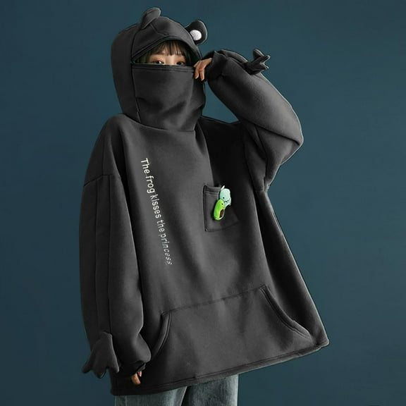 Women's Cute Animal Hoodie Cute Design Froggy Oversized Pullover Sweatshirt Stitching With Pockets Black L
