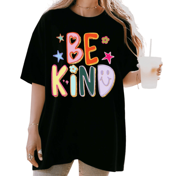 Women's Cute Be Kind Retro Smiley Face Aesthetic Graphic Comfortable T Shirt Short Sleeve Round Neck Top Black S-5XL