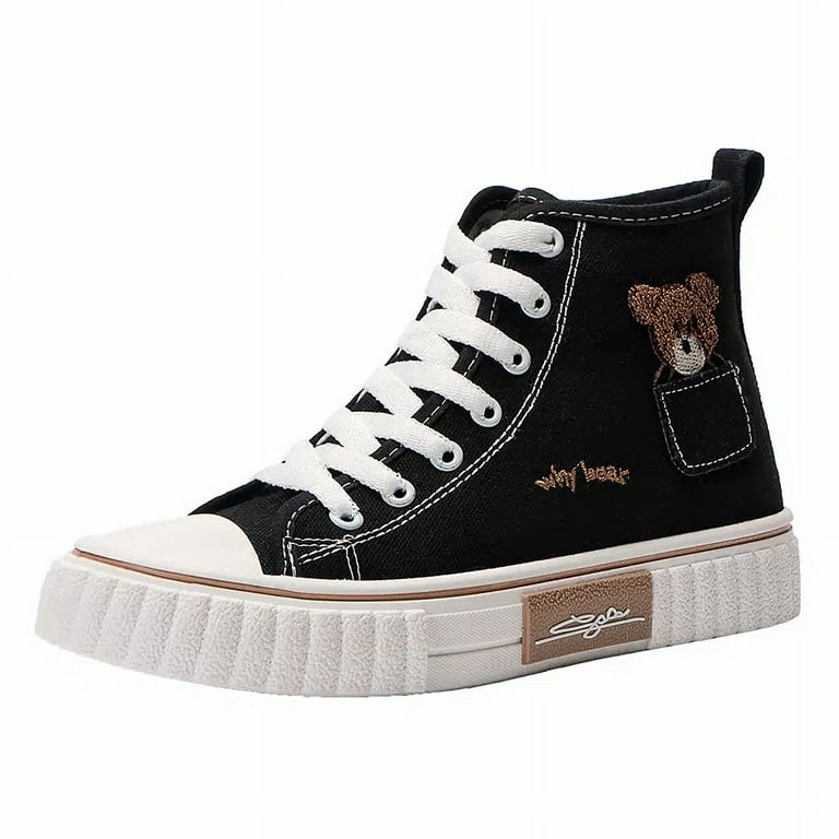 Women's Cute Bear Detail Canvas Sneakers Casual High Top Lace Up Skate Shoes  Women's Footwear 