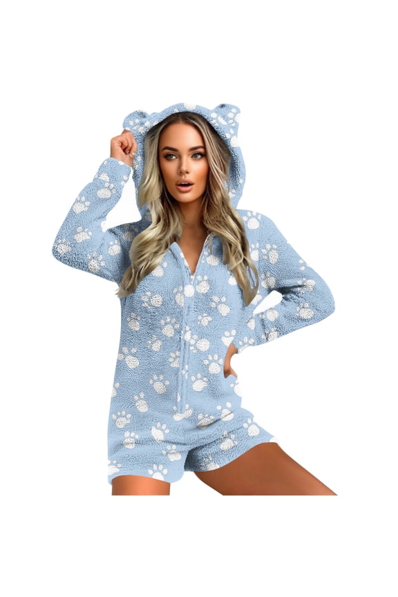 Women's Cute Bear Hooded Sherpa Fleece Onesie Pajamas Winter Warm Zip Up Romper Jumpsuit with Pockets Fuzzy Plush Sleepwear Teddy Loungewear Outfit