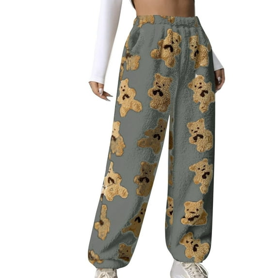 Women's Cute Bear Plush Pajama Pants Cozy Fuzzy Lounge Pants Soft Fluffy Fall Warm Pjs Bottoms Sleepwear