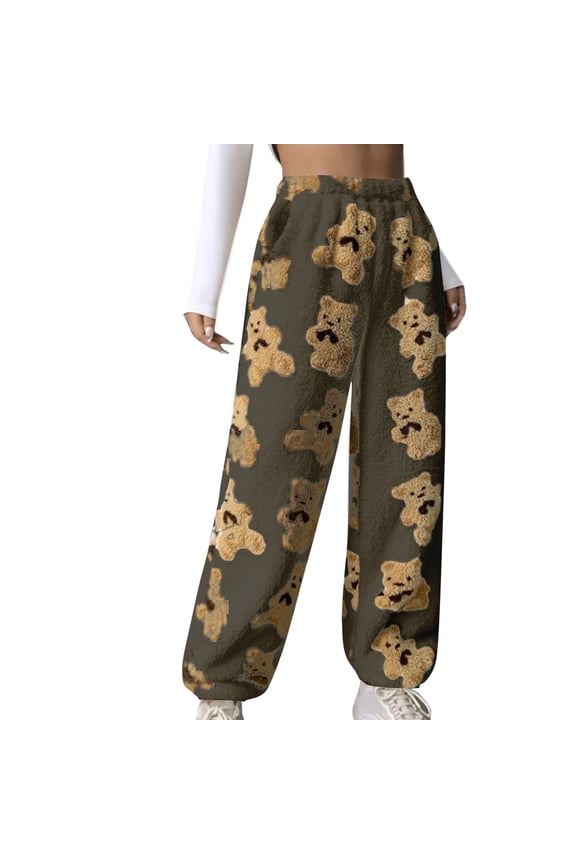 Women's Cute Bear Plush Pajama Pants Cozy Fuzzy Lounge Pants Soft Fluffy Fall Warm Pjs Bottoms Sleepwear