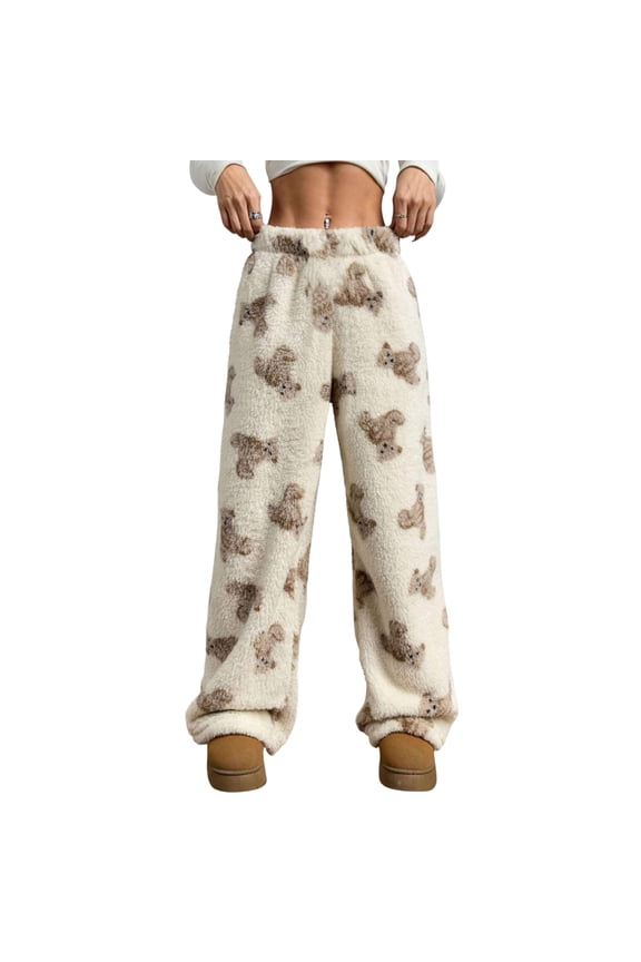 Women's Cute Bear Plush Pajama Pants Wide Leg Plush Casual Pants for Soft and Comfortable Feel,Beige,XL