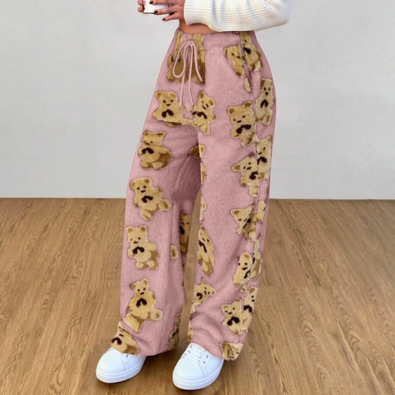 Women's Cute Bear Plush Pajamas Drawstring Elastic Belt Pocket Wide Leg Plush Casual Pants, Cozy Sleepwear,Pink,L