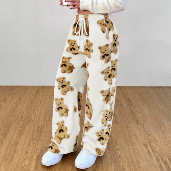 Women's Cute Bear Plush Pajamas Drawstring Elastic Belt Pocket Wide Leg Plush Casual Pants, Cozy Sleepwear,White,S