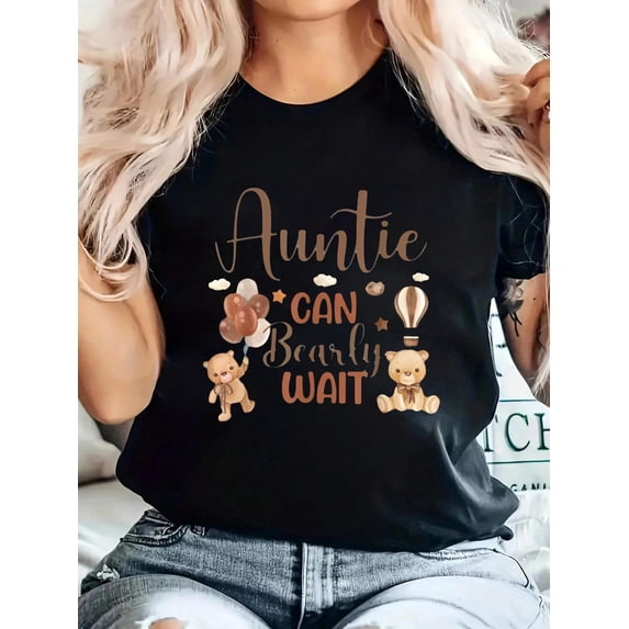Women's Cute Bearly Wait Pregnancy Reveal Teddy Bear Graphic T-Shirt