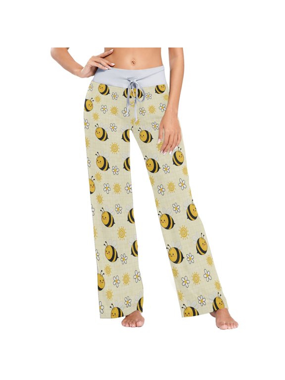 Women's Cute Bee Comfy Stretch Wide Leg Pajama Pants, Drawstring Waist Casual Lounge Pants