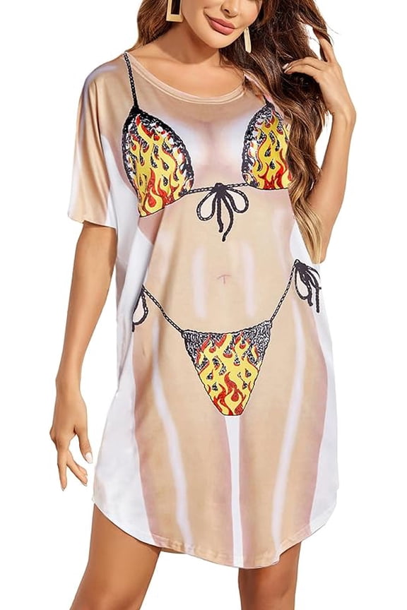 Women's Cute Bikini Printed T Shirt Dress Short Sleeve Baggy Shirt Beach Fun Swimwear Cover Up Dress Size 2XL