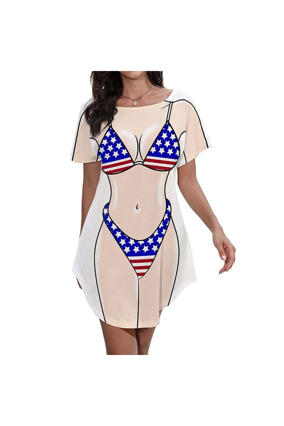 Women's Cute Bikini Printed T Shirt Dress Short Sleeve Baggy Shirt Beach Fun Swimwear Cover Up Dress