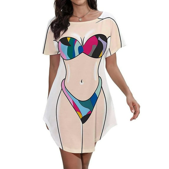 Women's Cute Bikini Printed T Shirt Dress Short Sleeve Baggy Shirt Beach Fun Swimwear Cover Up Dress