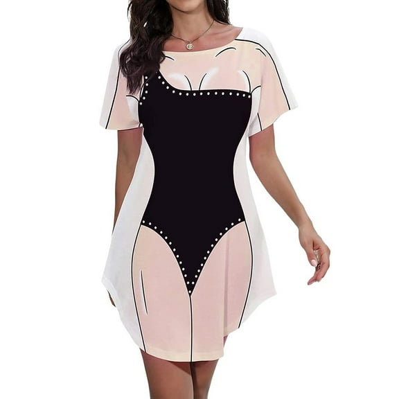 Women's Cute Bikini Printed T Shirt Dress Short Sleeve Baggy Shirt Beach Fun Swimwear Cover Up Dress
