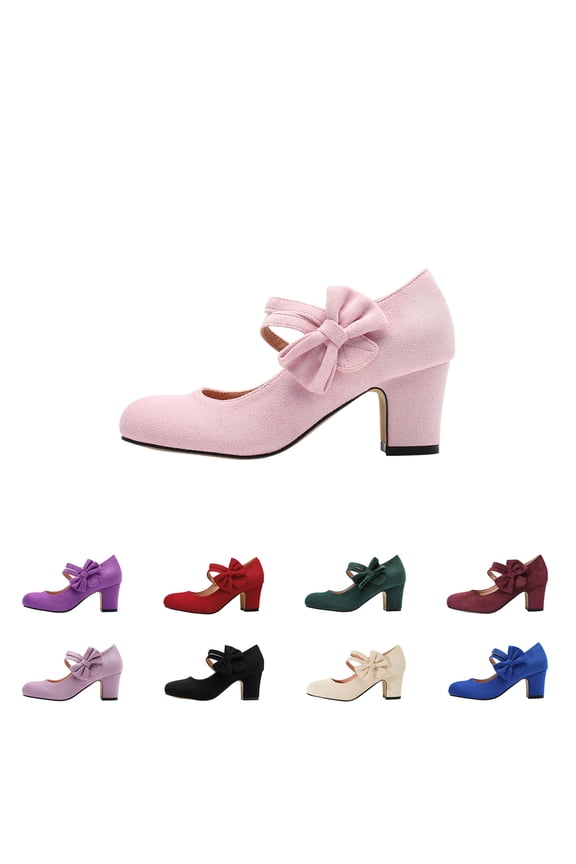 Women's Cute Bow Block Heel Mary Jane Pumps with Adjustable Hook Retro Round Toe Comfortable Dress Shoes for Office Wedding Party Sweet Lady Princess Shoes,45