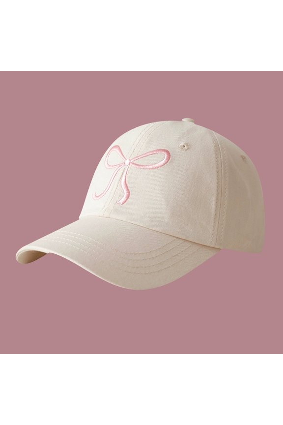 Women's Cute Bow Embroidery Baseball Cap Soft Top Adjustable Dad Hat Sweet Pink Unisex Sun Protection Cap for Casual Daily and Outdoor Wear,Beige