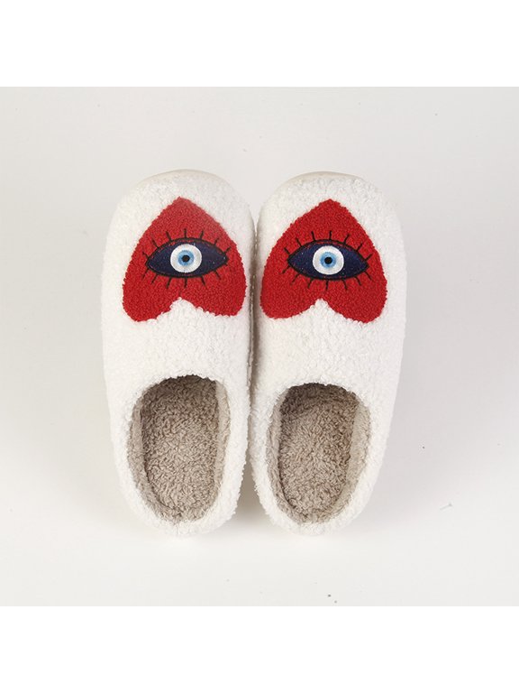 Evil Eye Slippers for Women, Closed Toe Fleece House Shoes with Embroidered Heart, Boucle Flat Non-Slip Bedroom Mule Slippers for Aesthetic Gifts
