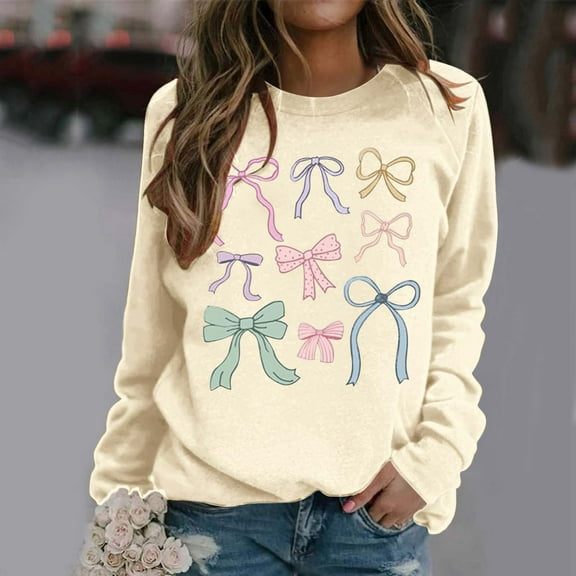 Women's Cute Bow Sweatshirt Round Neck Long Sleeve Oversized Hoodie Teenage Girls' Sweatshirt Jogging Suit Set Winged Sweater Women Fall Sweatshirts Women Hooded Sweatshirt Women Zippe Warm Sweatshirt