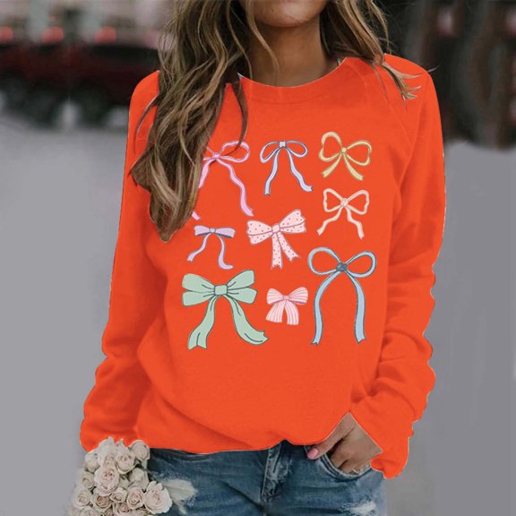 Women's Cute Bow Sweatshirt Round Neck Long Sleeve Oversized Hoodie Teenage Girls' Sweatshirt Jogging Suit Set Winged Sweater Women Fall Sweatshirts Women Hooded Sweatshirt Women Zippe Warm Sweatshirt
