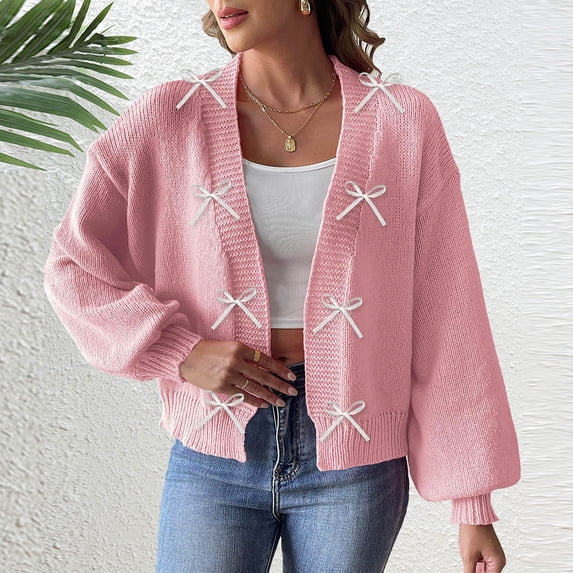 Women's Cute Bow Tie Cardigan Long Sleeve Open Front Knitted Sweater Fall Winter Casual Cropped Jacket New Plus Size Cardigan for Women Pinky XL