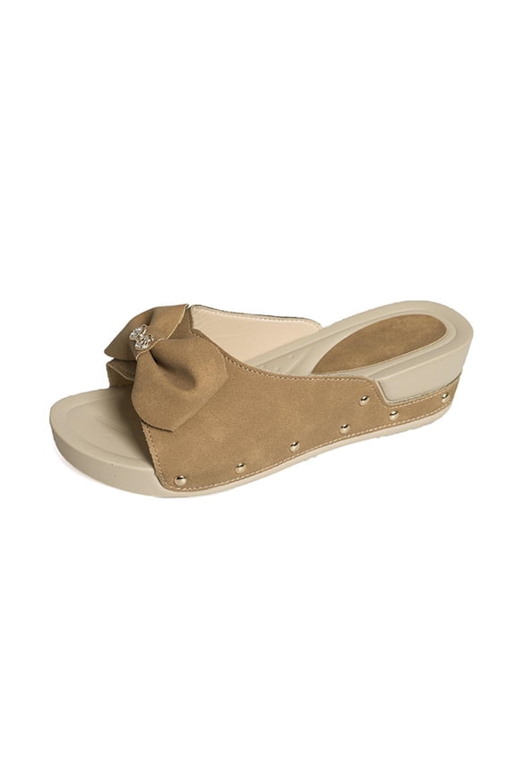 Women's Cute Bow Wedge Sandals Slip On Open Toe Rivet Slides Sandals Summer Shoes Women's Fashion Casual Outer Wear Solid Color Bow Round Toe Open Toe Thick Bottom Wedge Heel Slippers