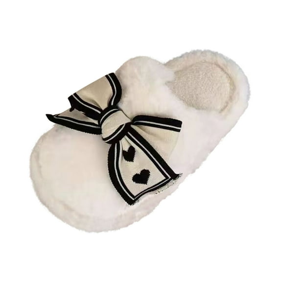 Women's Cute Bowknot Fuzzy Plush Slippers for Winter Indoor House Slip-Ons Shoes, Warm Fur Lined Slippers with Anti-Skid Sole