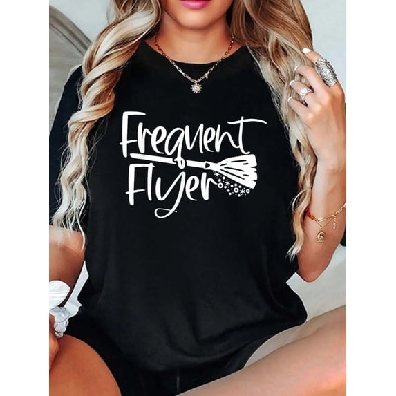 Women's Cute Broomstick Frequent Flyer Witch Halloween Graphic T-Shirt, Fall Casual Wear