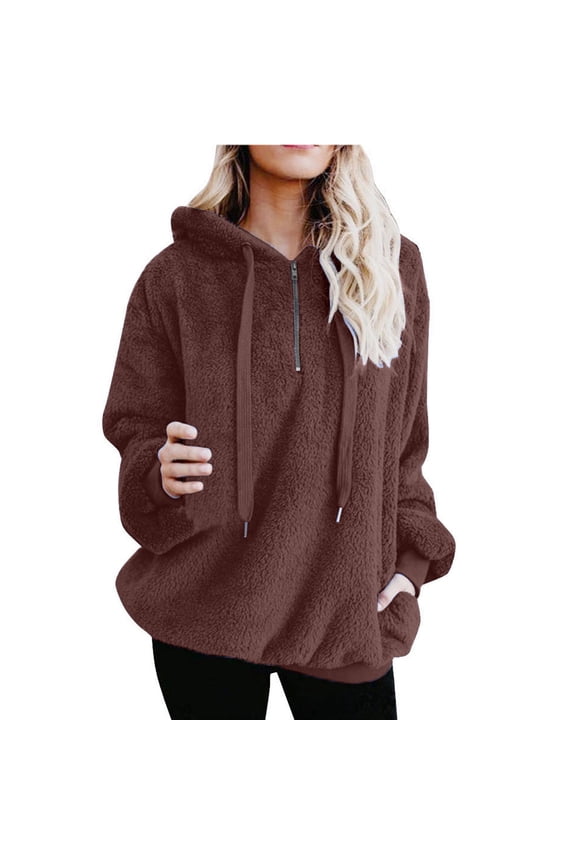 Women's Cute Bunny Artificial Wool Hoodie Loose Half Zip Plush Long Sleeve Pullover Short Jacket Coat