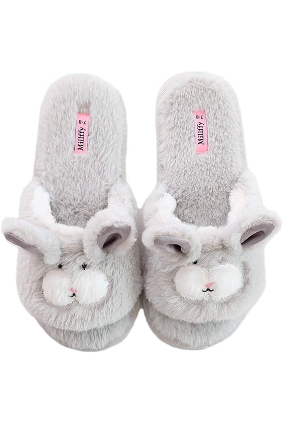 Women's Cute Bunny Bedroom Slippers Open Toe Indoor Slides House Slippers (9-10 women, Grey Bunny)