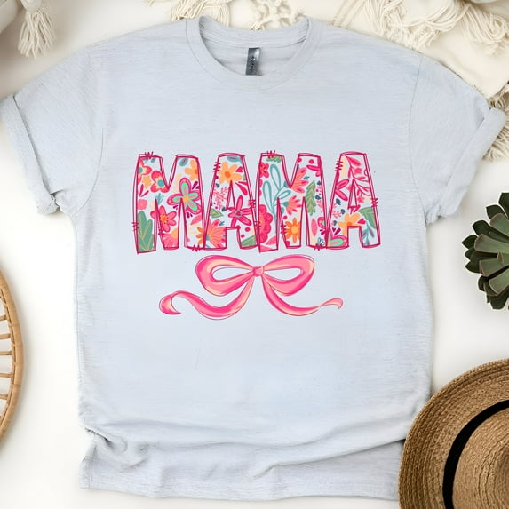 Women’s Graphic T-Shirt MAMA Floral Print Cute Pink Bow | Mother's Gift, Ash, Size S