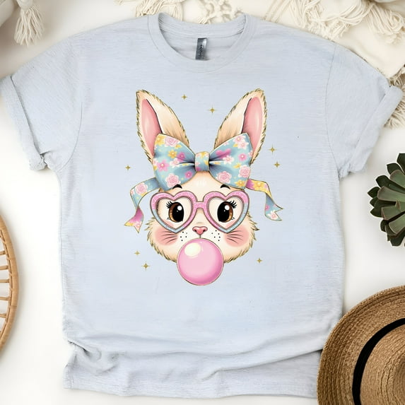 Women's Cute Bunny Graphic T-Shirt with Bow and Glasses, Ash, Size S