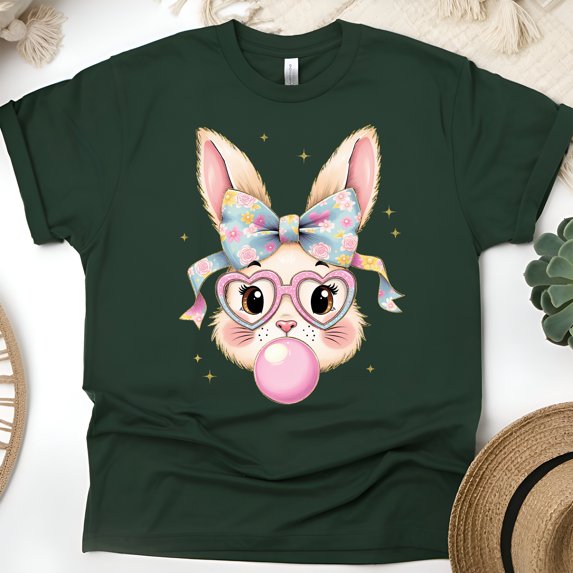 Women's Cute Bunny Graphic T-Shirt with Bow and Glasses, Forest Green, Size 5XL