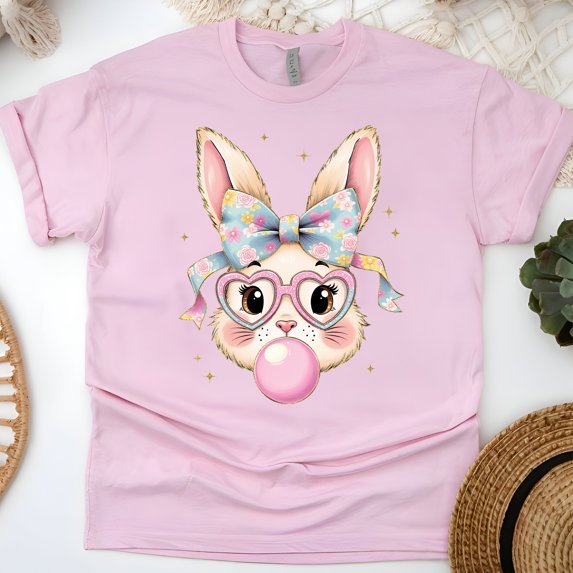 Women's Cute Bunny Graphic T-Shirt with Bow and Glasses, Light Pink, Size 5XL