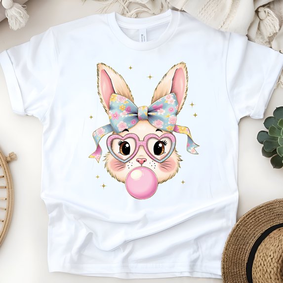 Women's Cute Bunny Graphic T-Shirt with Bow and Glasses, White, Size S
