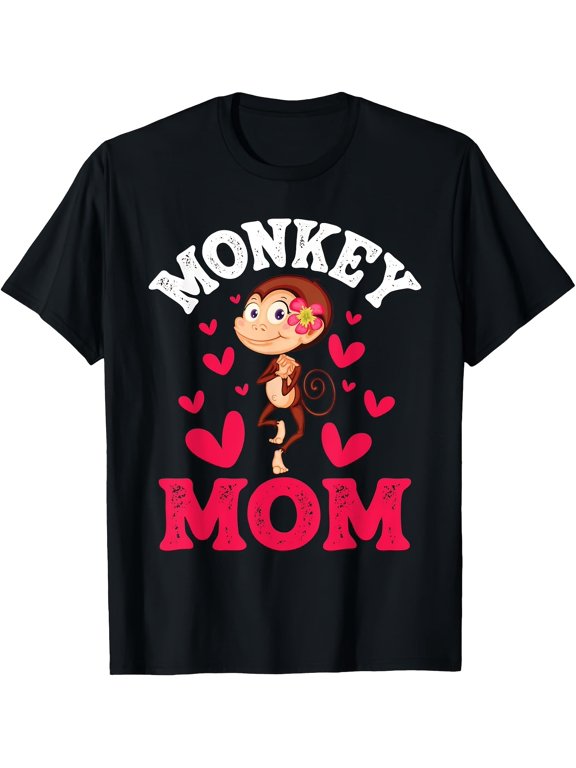 Women's Cute Cartoon Animal Graphic Monkey Mom Hearts Cotton T-Shirt