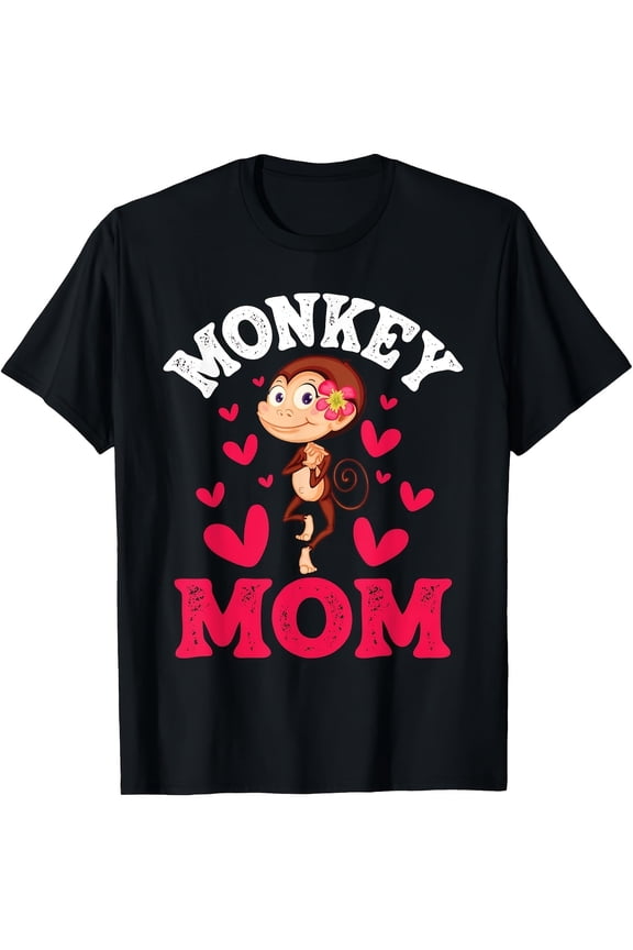 Women's Cute Cartoon Animal Graphic Monkey Mom Hearts Cotton T-Shirt