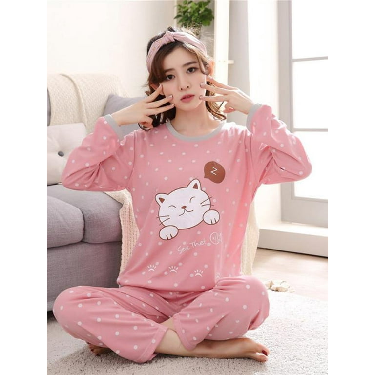 Women's Cute Cartoon Bear Long Sleeve Sleepwear Pjs Pajama Set Nighty 