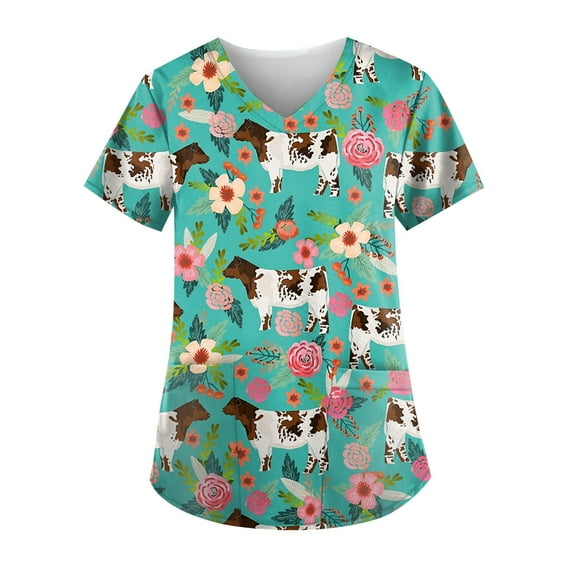 Women s Cute Cartoon Food Print Scrub Top V Neck Short Sleeve Stretch Nursing Uniform With Pockets Fun Colorful Dessert Pattern Workwear Tunic Top For Healthcare Workers