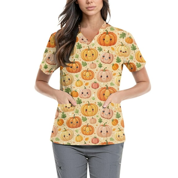 Women’s Cute Cartoon Print Scrub Top, Soft Short Sleeve V-Neck Medical Uniform Shirt with Pockets, Lightweight Breathable Workwear