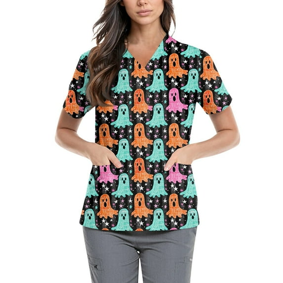 Women’s Cute Cartoon Print Scrub Top, Soft Short Sleeve V-Neck Medical Uniform Shirt with Pockets, Lightweight Breathable Workwear
