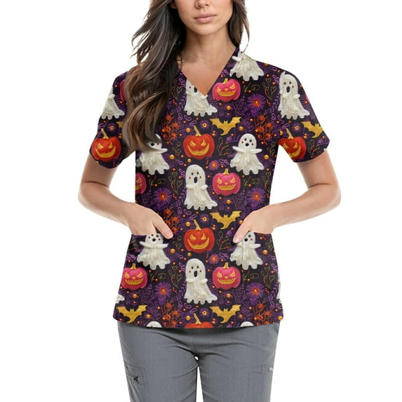 Women’s Cute Cartoon Print Scrub Top, Soft Short Sleeve V-Neck Medical Uniform Shirt with Pockets, Lightweight Breathable Workwear