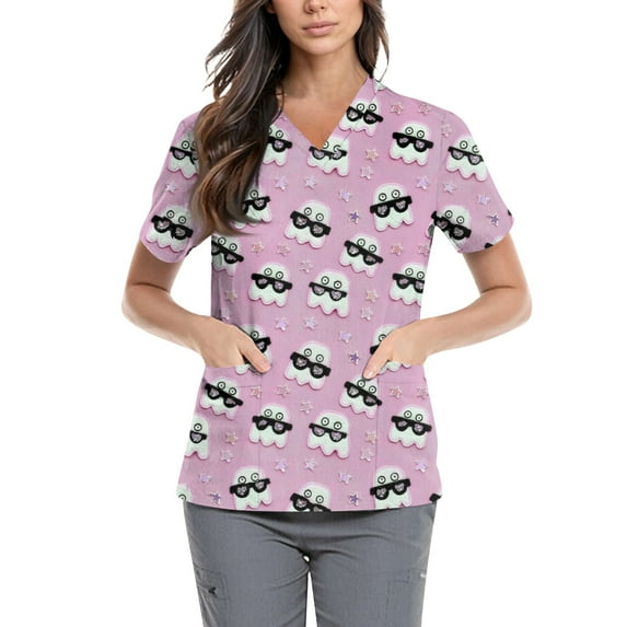 Women’s Cute Cartoon Print Scrub Top, Soft Short Sleeve V-Neck Medical Uniform Shirt with Pockets, Lightweight Breathable Workwear
