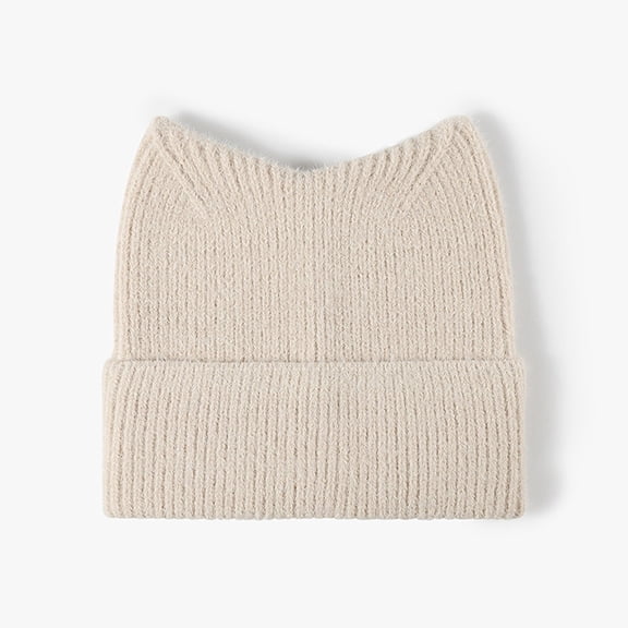 Women's Cute Cat Ear Beanie, Cuffed Soft Cable Knit Winter Hat for Travel and Outdoor, Warm Knit Cap with Whimsical Ears for Cold Weather - Beige