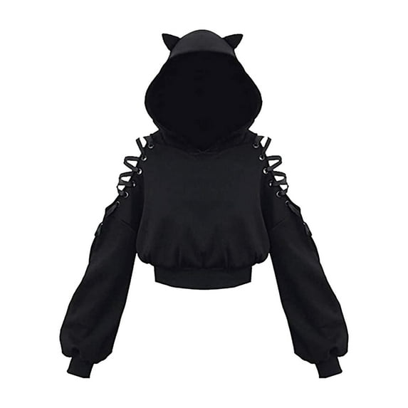 Women's Cute Cat Ear Crop Top Oversized Hoodie Off Shoulder Hollow Out Long Sleeve Black Punk Gothic Sweatshirts