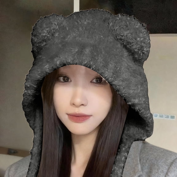 Women's Cute Cat Ear Plush Hat, Soft Fuzzy Surface Winter Beanie, Warm Fluffy Ear Protection, Fashion Winter Cap, Cold Weather Outdoor Hat, Cozy Ladies Beanie - Dark Gray