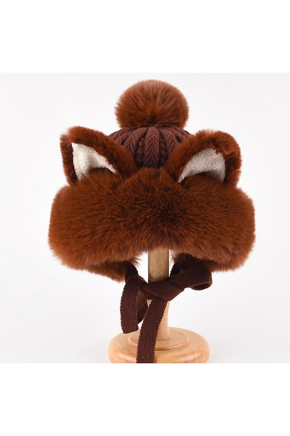 Women's Cute Cat Ears Crochet Beanie Ear Flap Winter Warm Knit Hat Handmade Crochet Beanie Knit Hats with Pom Pom