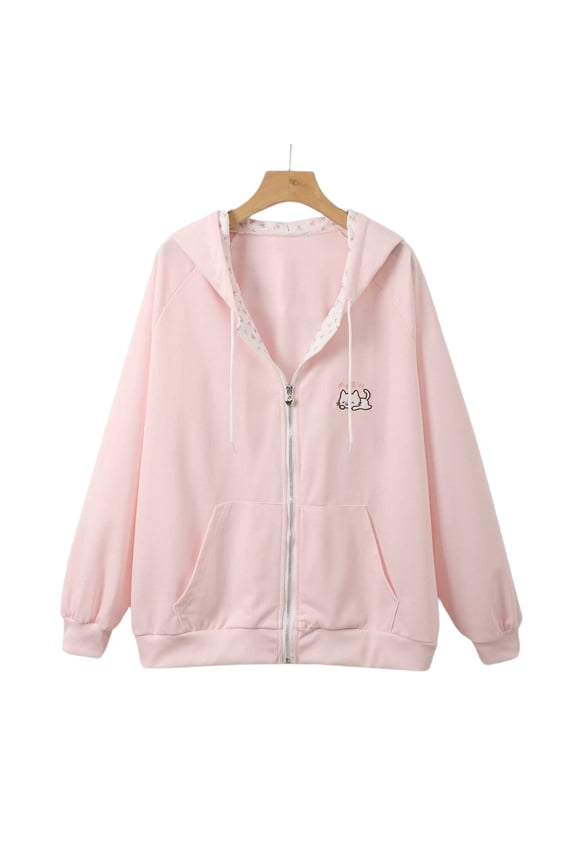 Women's Cute Cat Embroidery Hoodie Sweet Loose Cardigan Jacket Full Zip Hooded Sweatshirt Outerwear Top