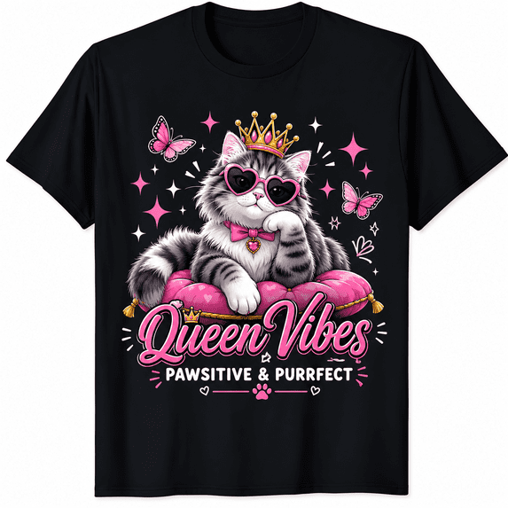 Women's Cute Cat Lover Graphic T-Shirt, Cartoon Queen Kitty Print Crew Neck Short Sleeve Casual Summer Top, Funny Animal Graphic Tee Gift