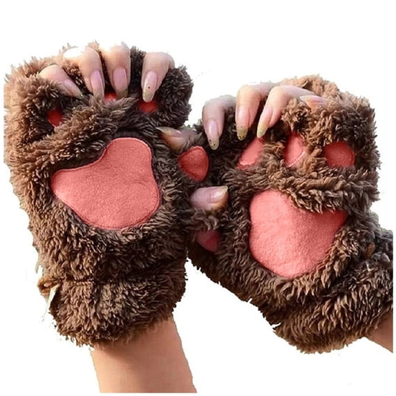 Women's Cute Cat Paw Fingerless Gloves, Warm Half Finger Cartoon Mittens