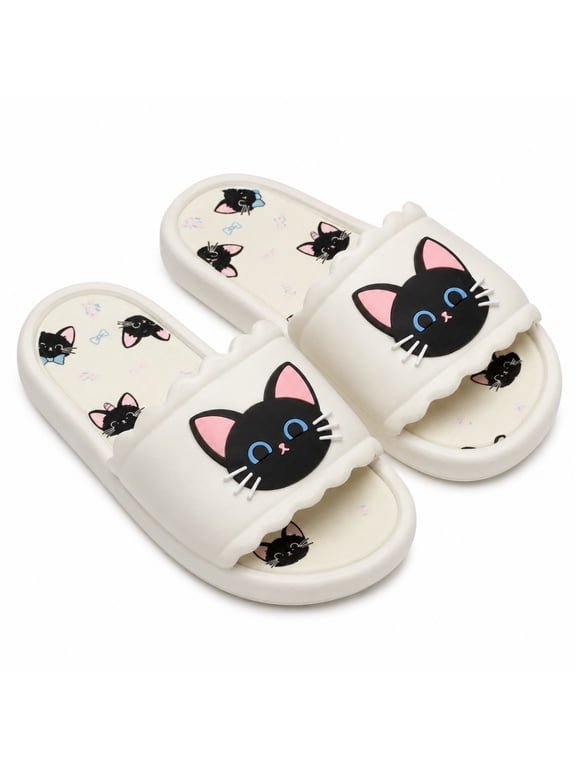 Women’s Cute Cat Slide Sandals, Open Toe Flat Indoor Outdoor Slippers