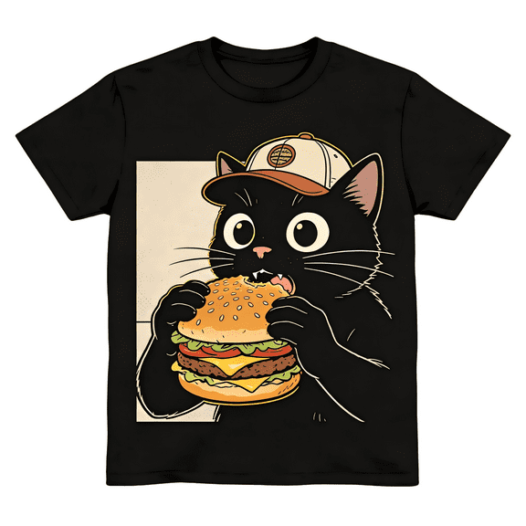 Women's Cute Cat with Burger Graphic Tee – Fun Animal Lover and Foodie T-Shirt