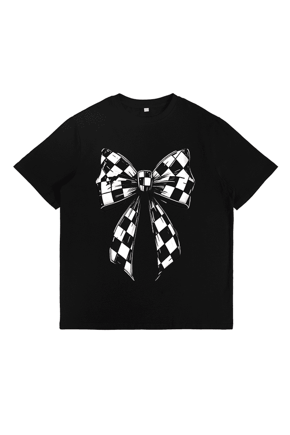 Womens Black & White Checkered Bow Pattern Tops Fashion Graphic Tees Casual Tshirts Black,5XL